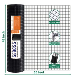 SEBOSS Hardware Cloth 1/2 inch 48 x 50 ft 19-Gauge, Coated Wire Mesh Roll Chicken Wire Mesh Chicken Wire Fencing Black Wire Fence Roll Garden Fencing Welded Wire Tree Guard