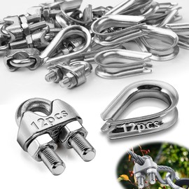 Mbsomnus Set of 24 Wire Rope Clamps, 4 mm, Set of 12 Rope Clamps M4 and 12 Wire Rope Thimbles 4 mm Stainless Steel A4 DIN741 Bow Rope Clamp Steel Cable Connector for Clamp Steel Wire Washing Line