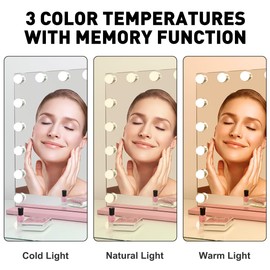 HOMPEN Hollywood Vanity Mirror Makeup Mirror with Lights, Touch Screen, 3 Color Modes Frameless Tabletop Mirror with 17 Dimmable Bulbs, Pink
