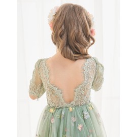 LalaMira Flower Girl Dress Floral Embroidered Tulle/Lace Dresses for Wedding Garden Party Girl's Fairy Dresses 3/4 Sleeves Sage Green-6 Years
