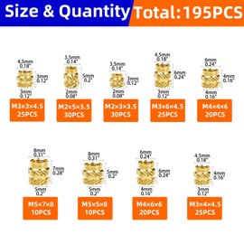 NexSync 195Pcs M2 M3 M4 M5 Threaded Inserts Assortment Kit for 3D Printing Components, Metric Brass Knurled Nuts, Insert by Heat into Plastic Parts