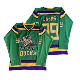 Mighty Ducks Jersey #96 Charlie Conway #99 Adam Banks #33 Greg Goldberg #66 Gordon Bombay Movie Hockey Jersey White Green (99 Green, Medium)