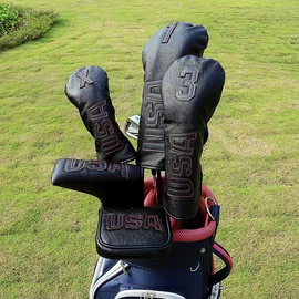 Black USA Golf Hybrid Head Cover, Interchangeable Golf Rescue Hybrid Headcover, Synthetic Leather Golf Club Cover for Men Golfer fits for All Brand (Black-red(for Ut))
