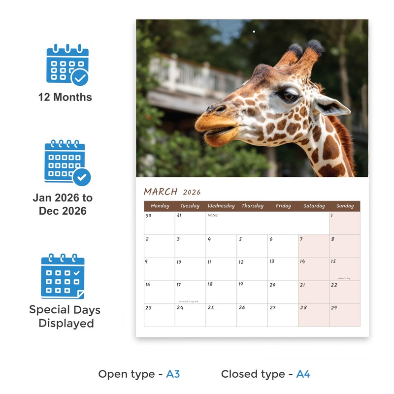 Animal Selfies Calendar 2026 A4 12 Month to View Wall