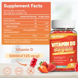 Agumoon Vitamin D3 5000 IU 125mcg Gummies - Vitamin D Gummies for Adults, Support Immune, Bone, Muscle Health - Non-GMO, Gluten-Free, Dairy-Free, No Gelatin, 60 Count, Strawberry Flavor