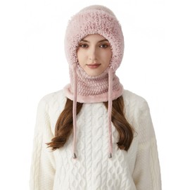 SEAUR Mask Knit One-Piece Hat for Women Winter Warm Ski Fleece Balaclava with Scarf Slouchy Elastic Thick Beanie Cap Ear Neck Protection Pink M