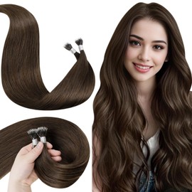 LaaVoo Nano Hair Extensions Human Hair Brown Nano Ring Hair Extension Medium Brown 50g 50s 20in