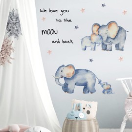 Elephant with Mom Wall Stickers, Warm We Love You Wall Quotes Decals, Elephant Star Cartoon Wall Decors, Removable DIY Art Wall Mural for Kids Bedroom, Nursery, Home Decoration