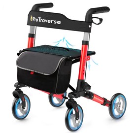 ProTraverse Foldable Rollator Walker with Seat, Standard Height Lightweight Rollator with Large Wheels, Folding Rolling Walker for Seniors, Walker Rollator with Seat, Red