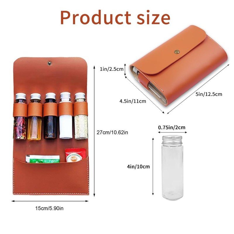 BY-J Camping Spice Kit with 5 Jars, Foldable Leather Spice