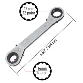FOCMKEAS 12X14 mm Reversible Universal Ratcheting Wrench,Metric Double Offset Box End， Matte Chrome Plated Cr-V Steel， Heavy-Duty，72 Tooth Ratchet Spanner Crooked for Narrow Spaces