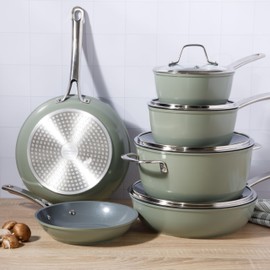 Sur La Table Kitchen Essentials Cool Commune Hard Anodized 10 Piece PFA Free Ceramic Non stick Interior Forged Durable Aluminum Pots and Pans Cookware Set - Green - Induction Compatible