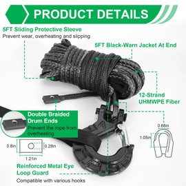 RUHUO Synthetic Winch Rope Kit, 1/4" x50' Winch Cable with Protective Sleeve, Heavy-Duty Winch Hook and Rubber Stopper, Winch Accessories for Off-Road SUV, UTV, ATV (Black, 1/4" x50')