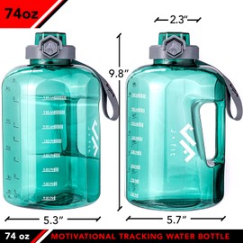 JFIT BPA Free Reusable Sports Water Bottle w/Time Markers, Leakproof Flip-Top Lid & Carry Strap – Durable PETG, 2.28" Wide-Mouth for Ice – Eco-Friendly, Odor-Free & Easy to Clean -Green-73oz