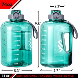 JFIT BPA Free Reusable Sports Water Bottle w/Time Markers, Leakproof Flip-Top Lid & Carry Strap – Durable PETG, 2.28" Wide-Mouth for Ice – Eco-Friendly, Odor-Free & Easy to Clean -Green-73oz