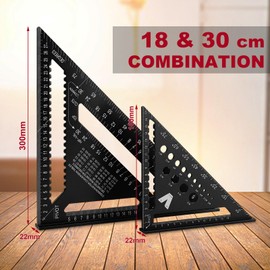 Carpenter's Square Set, 18 cm and 30 cm Triangle Ruler, High Precision Aluminium Alloy Test Angle for Woodworking (Black)