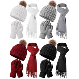 Zhehao 12 Pcs Winter Beanie Hat Scarf Gloves Set Including Knit Beanie Hat Warm Long Scarf Touch Screen Gloves for Women Men(Elegant Colors,Lovely)