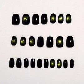 ANDGING Short Cat Eye Press on Nails Square Black Green Fake Nails with Glue Acrylic Glitter Glue on Nails with Designs Classy Glitter Gel Manicure False Nail for Women Stick ons Nails for Wedding