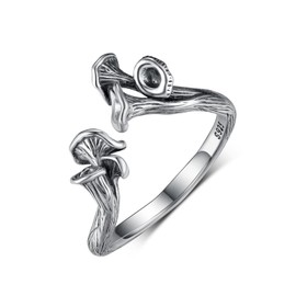 Chanterelle Mushroom Rings For Women Sterling Silver Vintage Cute Adjustable Open Wrap Ring Jewelry