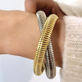 2Pcs Chunky Gold Bracelet for Women Men Flexible Wide 10MM Two Tone Stretch Bracelet Elastic Snake Chain Wristband Bangle Bracelet Dainty Jewelry Gifts (Gold Silver)