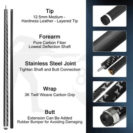 MoyanSuper Carbon Fiber Pool Cue Stick Low Deflection Shaft Professional Billiard Cue Stick with Hard Case and Accessories,12.5mm Tip, 58",21OZ