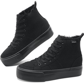 Obtaom High Top Platform Sneakers Women Mid Calf Play Canvas Shoes Washed Platform Skate Skateboard Shoe Casual Canvas Fashion Sneakers(Black Mono,US5)