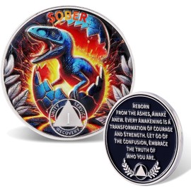 Leafence Sober Coin for Reborn Raptor Sobriety Chip Dinosaur Recovery Medallion with Inspirational Quote AA/NA Token (Reborn Dinosaur, 1 Year)