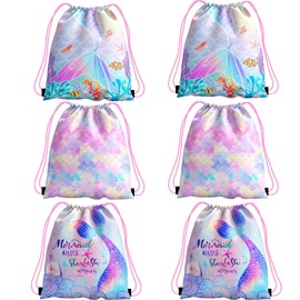 6 Pcs Drawstring Bag Kids Mermaid Bags, Drawstring Backpack Kids Party Bags Swim Bag No Waterproof Girl Kid Party Bag for Mermaid Themed Party Sea Party Gifts for Girls (27x34CM)