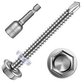 Pack of 25 Self-Tapping Screws 6.3 x 75 mm, Hexagonal Drilling Screws, Stainless Steel Tapping Screws, Trapezoidal Sheet Metal Screws with Sealing Disc and Hex Socket Spanner