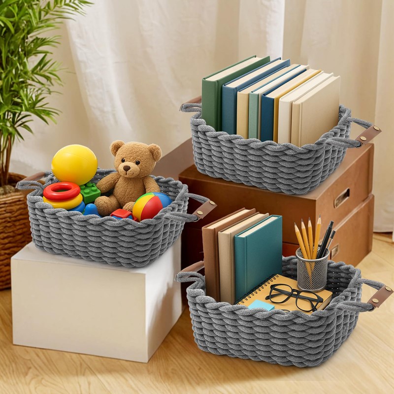 Braided Storage Basket, Washable and Foldable, Basket with Leather Handles,