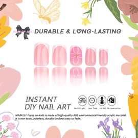 Handmade Nails White French Tip Press on Nails Medium Square MABKJLF Pink Flower Fake Nails False Nails with Floral Designs Glossy Glue on Nails Spring Summer Acrylic Nails for Women Girls 24 Pcs