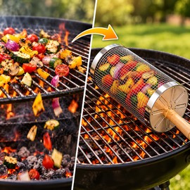 4-Pack Stainless Steel Rolling Grill Baskets for BBQ – Wooden Handle Grilling Accessories for Camping & Outdoor Cooking (Small and Large)