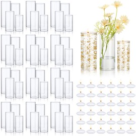 Mifoci 24 Pcs Wedding Glass Cylinder Vases 24 Pcs Artificial Pearl String 48 Pcs Floating Candle Vases Filler Set Clear Vase Cylinder Candle Holder for Christmas Party Table Decor, 4 Size(Gold)