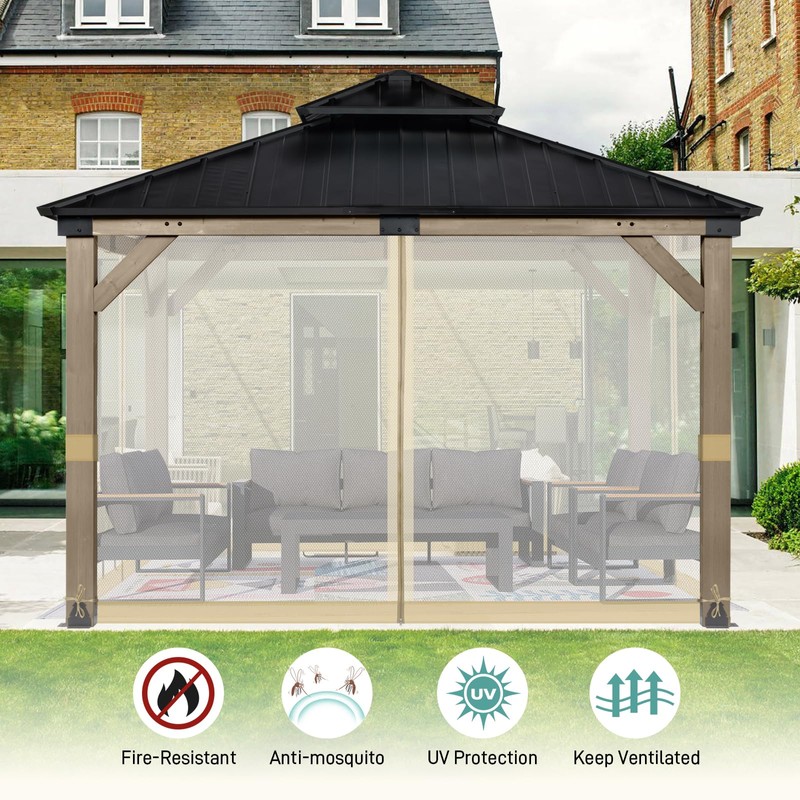 Aoodor Universal 12x12 ft Gazebo Mosquito Netting, Replacement 4-Panel Sidewalls
