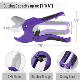 Bates- PVC Pipe Cutter, Cuts up to 1-1/4", Purple Ratcheting PVC Pipe Cutter Tool, Pipe Cutters PVC Pipe Shears, Plastic Pipe Cutter, PEX Pipe Cutter, PVC Cutter Tool, PVC Ratchet Cutter