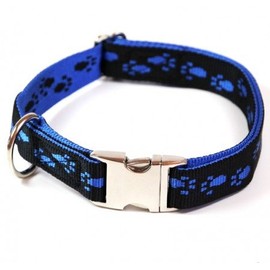 Alu Max, Soft Nylon Dog Collar, Black With Blue Paw Prints – 3 Sizes Available, black-blue