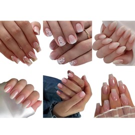 6 Packs (144 Pcs) Ombre Press on Nails Nude Pink Acrylic False Nails with Gradient Designs Medium Square Fake Nails Press ons Reusable Nature Artificial Nails Glue on Nails for Women Manicure Set