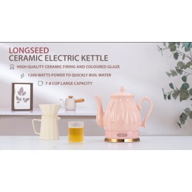 LONGSEED Ceramic Electric Kettle, 1.5L/1200W Boil Water Quickly and Easily with Boil-Dry Protection Auto Shut Off, Detachable Swivel Base, Diamond Cut Glazed