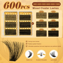 600 PCS Lash Clusters Suitable Reusable for Beginners DIY at Home 6 Styles Natural to Dramatic Look (30+40+50+60+80+100D-4)