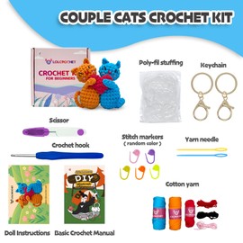 Love Heart Cat Crochet Kit for Beginners, Learn to Crochet Animal Starter Set with Video Tutorial & Crocheting Manual, Easy Yarn Knitting Kit for Adult & Kid 12+, Stuffed Kitten Doll Xmas Gift Idea