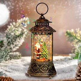 Christmas Lantern Musical Snow Globe - Swirling Glitter Water Lantern for Christmas Decoration, Thanksgiving Lighted Lantern (Retro Round Shaped)