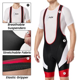 FDX Cycling Bib Shorts Men’s - 3D Padded Bicycle Tights with Mesh Straps, Zip Pocket, Anti-Chafe Leg Grippers - Breathable Summer Cycle Apparel - Excellent Performance and Better Fit (Blk/Red-S)
