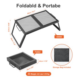 Odoland Folding Campfire Grill, Heavy Duty Steel Mesh Grate with Folding Legs and Storage Bag, Portable Camping Grates, Over Fire Pit Grill Rack for Outdoor Cooking and Bonfire