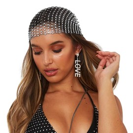 Women's Glitter Bandana Cap Hair Bands, Headscarf Belly Dancer, Rhinestone Headscarf, Elastic Headband, Glittering Headwear, Party Night Club Costume Hair Accessory for Women Girls (Silver, One)