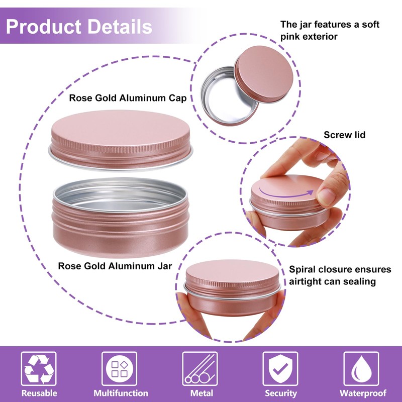 64Pack 2oz Rose Gold Aluminum Tin Jars, Metal Round Tins