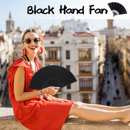 Grantop 4 Pcs Black Folding Hand Fan, Silk Fabric Bamboo Ribs Handheld Fan, Folding Chinese Fan for Wedding Christmas Party Prom Festival DIY Home Decorations (Black)