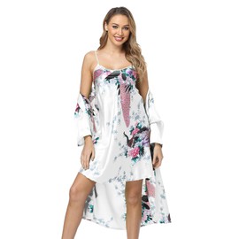 UrHot Women's Floral Satin Kimono Robe and Nightgown Set with Camisole 2 Piece Sleepwear Peacock Bathrobe