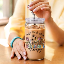 Occupational Therapy Gifts for Women OT Therapist 16Oz Glass Cups with Lids & Straws, Wildflower Inspirational Coffee Cup, Graduation Thank You Birthday Appreciation Gifts for OT Assistant Counselor