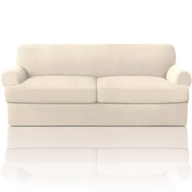 PrinceDeco T Cushion Sofa Slipcover 3 Pieces Sofa Covers for T Cushion Couch Soft Couch Covers Sofa Slip Cover Furniture Covers with 2 Individual T Shape Seat Covers Width Up to 88", Natural