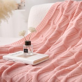Wajade Knit Throw Lightweight Knitted Blanket for Sofa & Bed Breathable Non-Fluffy Knit Design with Ripple Texture All Seasons Home Decor(Pink 130 * 170)